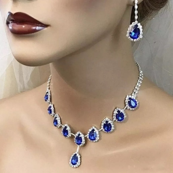 Blue Rhinestone Necklace Set Zeta Phi Beta Colors - Picture 1 of 2